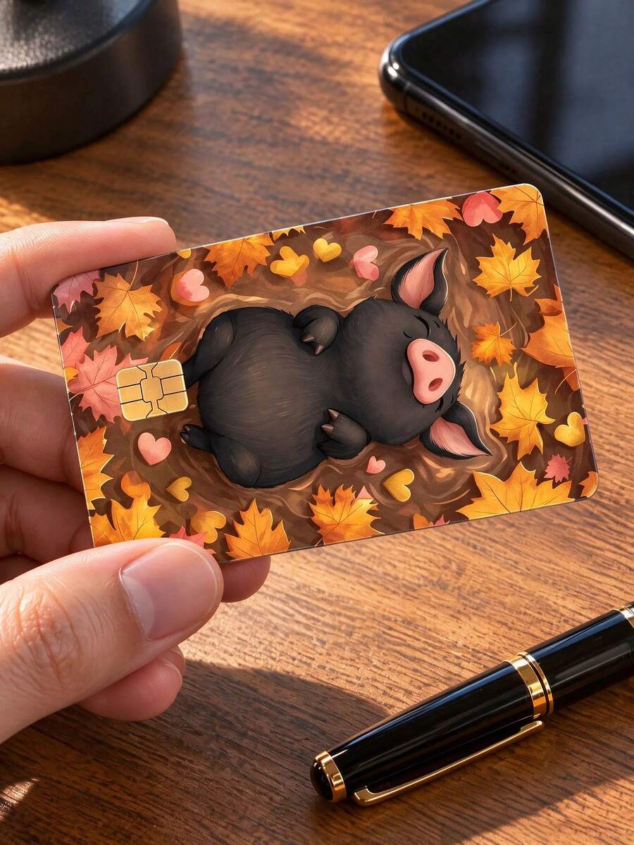 4pcs Cute Little Black Pig Autumn Leaf Heart Credit Card Stickers, Cartoon Healing Style Pig Card Decals, PVC Waterproof Anti-Fingerprint Scratch-Resistant Wear-Resistant Skin, Autumn Atmosphere Birthday Gift, Suitable For Men And Women, Small Chip Card, Bank Card, Credit Card, Transit Card, Access Card, Student Campus Card Personalized DIY, Privacy Protection - Multiple Styles - View 1