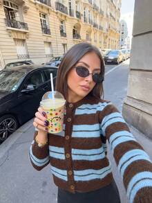 Women's Casual Striped Contrast Color Cardigan Sweater, Suitable For Leisure, Vacation, Daily Dates, Autumn/Winter - Multicolor - View 7