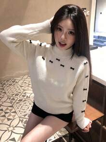 Women's Winter Korean Sweet Style Semi-High Neck 3D Bow Design Sweater, Autumn/Winter Slouchy Fashion Slimming Long Sleeve Knit Top - Apricot - View 2