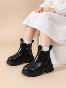 Girls' British Style Chelsea Boots, Black Glossy Finish, Versatile Boots For Autumn/Winter - Black - View 2