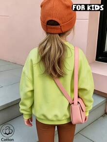 Girls Crew Neck Sweatshirt, Cute Peeking Black Cat & Letter Print Long Sleeve Loose Casual Pullover, Kids Fall Basic Sweatshirt - Lime Green - View 4