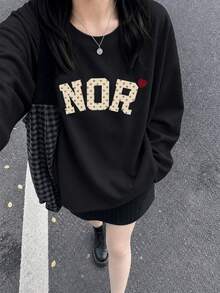Women's Fashion Autumn/Winter Loose Minimalist Versatile Letter Print Long Sleeve T-Shirt - Black - View 1