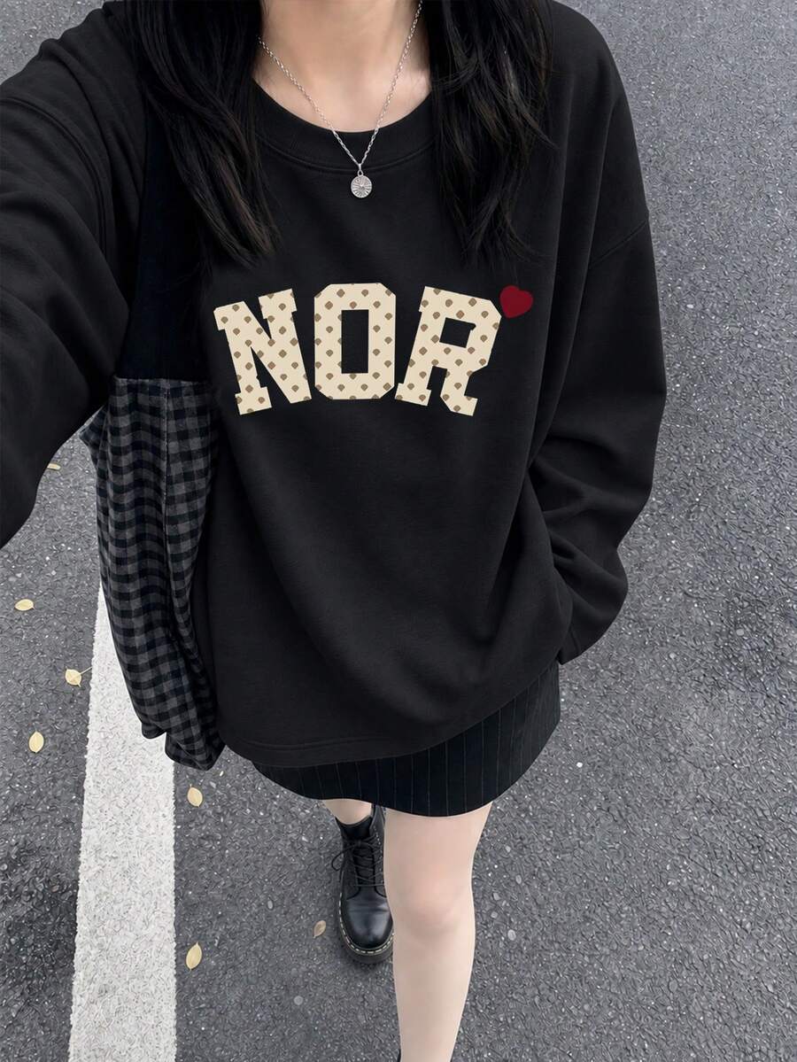 Women's Fashion Autumn/Winter Loose Minimalist Versatile Letter Print Long Sleeve T-Shirt - Black - View 1