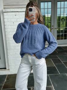 NOVELLE Sweater Rajut Wanita Gaya Lembut Motif Kipas Vertikal, Pullover Lengan Raglan Longgar Musim Gugur Musim Dingin, Untuk Aktivitas Sehari-hari, Perjalanan, dan Kencan - Navy Blue - View 4