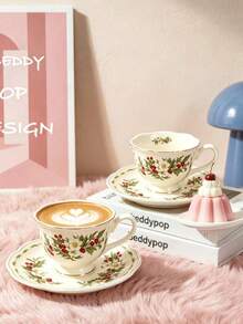 1 Set 90ml Vintage Holly Berry Ceramic Coffee Cup & Saucer, Microwave And Dishwasher , Espresso, Arabic Coffee Cup, Saudi Coffee Cup, Suitable For Afternoon Tea, Cafe, Kitchen, Perfect Gift - Multicolor - View 3
