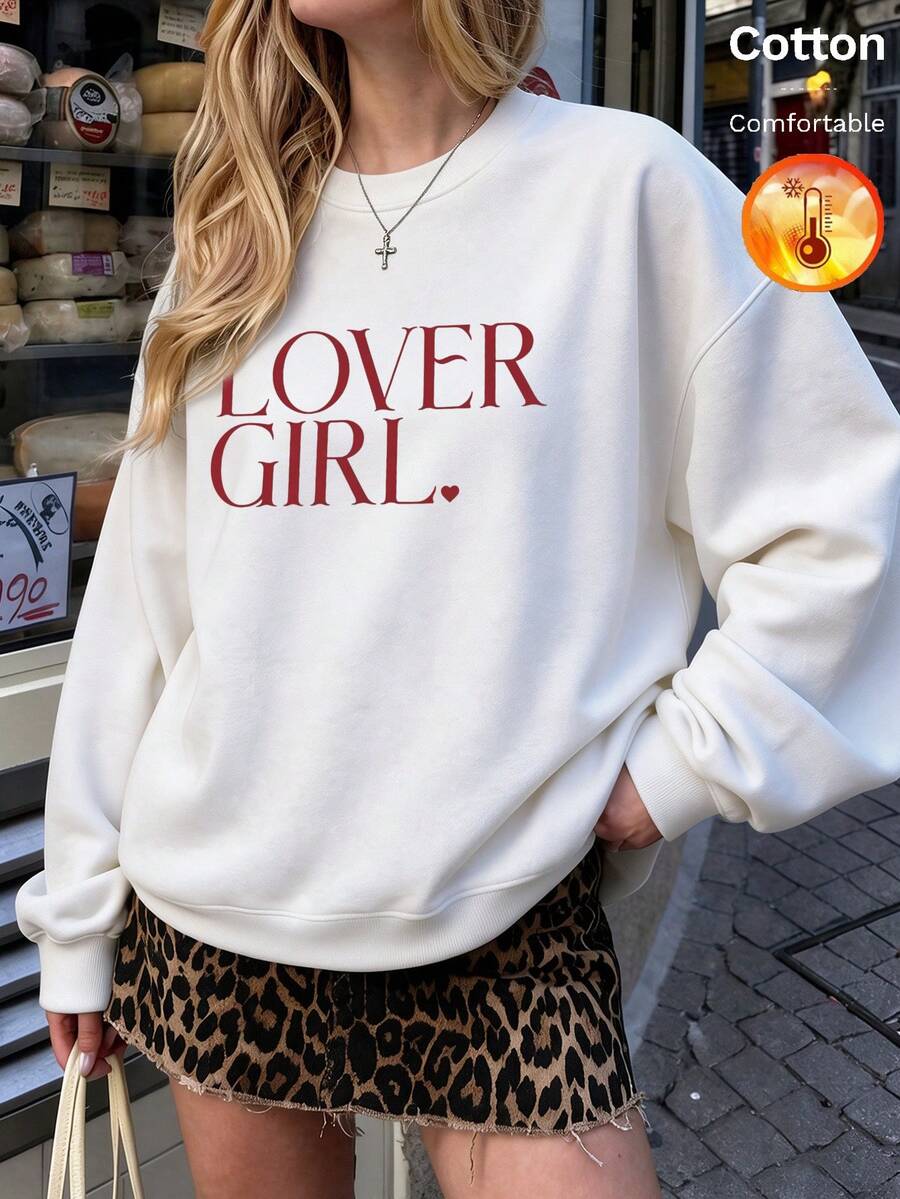 كنزة نسائية بياقة دائرية مبطنة بالصوف للخريف/الشتاء، طباعة LOVER GIRL، أسلوب Y2K - أبيض - مشاهدة 1