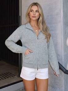 Nicenter Women's Autumn Lapel Casual Loose Drop Shoulder Double Pocket Zippered Wool Blend Sweater, Suitable For Winter Wear, Socializing, And Daily Outings - Grey - View 5