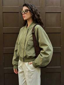 Casual Baseball Pocket Women's Jacket Loose Short Outerwear - Army Green - View 4
