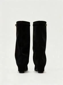 Women's Loose Knee-High Boots, Metal Buckle Wide Shaft Fold-Over Long Boots, Pointed Toe Suede Western Cowboy Boots, Fashion Casual Riding Boots - Black - View 4