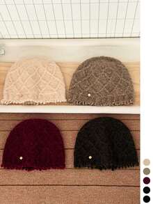 Solid-Color Rhombus Texture Raw-Edge Knitted Beanie Hat For Women, Autumn/Winter Fashion Warm Versatile Face-Slimming Ear-Protecting Woolen Cap - Fringed Diamond Pattern - View 5