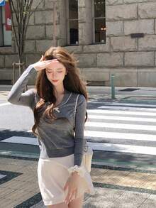 Women's Preppy Sweet Fall Solid Color Top, Bow Detail Long Sleeve Slim Fit Base Layer For School, Holiday, Travel - Grey - View 9