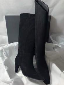 優雅尖頭粗跟磨砂皮革側拉鍊 V 領修身百搭女款高筒靴 - 黑色 - 查看 6