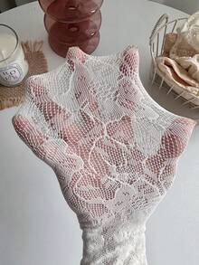 1 Pair Women's White Floral Lace Hollow Out Fishnet Tights, Vintage Style, Suitable For Dating And Photography, Base Layer - White - View 5