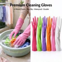 1 Pair Reusable Rubber Cleaning Gloves, Waterproof Non-Slip Dishwashing Gloves For Kitchen Bathroom Laundry, 6 Colors - A - View 2