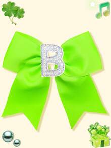 1pc Girls Bright Grosgrain Ribbon Bow Hair Clip, Pearl Rhinestone A-Z Alphabet Letter Decor Bow Hair Barrettes, Cute Girls Daily Hair Accessories - Lime Green - View 3