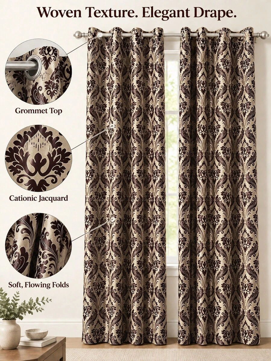 1 pièce Rideau jacquard cationique double face, rideau occultant noir 90% style vintage américain, rideau de chambre, rideau de salon, décoration de maison, rideau de décoration pour les fêtes - Tabac - Voir 1