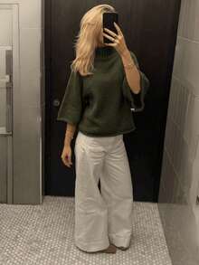 Women's Autumn/Winter High-End Elegant Batwing Sleeve Loose High Neck Knit Sweater - Green - View 3