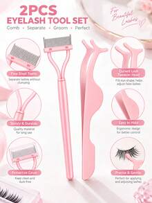 Halloween 2pcs Eyelash Tool Set, Foldable Eyelash Comb With Fine Stainless Steel Teeth And Seahorse Eyelash Tweezers, Mascara Comb Brush For Defined And Clump-Free Lashes, False Eyelash Application Tweezers For Precise Placement, Pink Makeup Tools - Multicolor - View 3