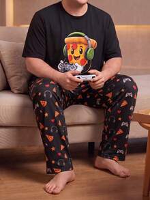 Plus Size Men's Funny Pizza Game Print Pajama Set, Autumn/Winter Short Sleeve T-Shirt + All-Over Print Long Pants, Loose Casual Loungewear - Black - View 2