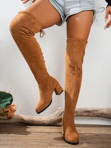 Women's Pointed Toe Chunky Heel Over-The-Knee Boots, Suede Elastic Slimming, Elegant Korean Style, Autumn/Winter Date & Commute High-Top Boots - Brown - View 5