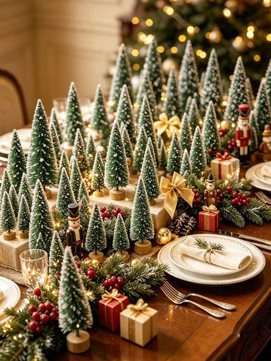 5/10pcs Mini Snowy Christmas Tree, Realistic Small Pine Tree, Desktop Miniature Landscape Decoration, Small Decorative Christmas Tree, Desktop Scene Decoration Christmas Tree, Decorative Item To Create Holiday Atmosphere - Green - View 1