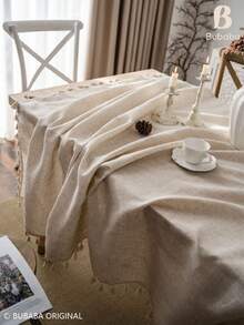 Bubaba Beige Linen-Look Tablecloth With Tassel Fringe, Rustic Farmhouse Boho Dining Table Cover, Soft Textured Table Protector For Kitchen, Dining Room & Home Decor - Beige - View 6