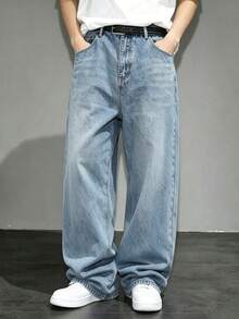 Tween Boy's American Street Style Blue Distressed Wide Leg Loose Drape Floor-Length Jeans - Medium Wash - View 4