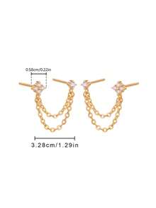 2pcs Cubic Zirconia Decor Chain Pendant Stud Earrings, Hypoallergenic Jewelry Gift For Women - Gold - View 6