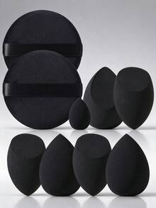 9pcs Makeup Tool Set Including 6 Makeup Sponges For Liquid Makeup + 2 Large Round Powder Puffs + 1 Mini Makeup Sponge For Detail Application - Black - View 6