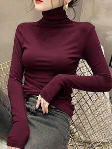 女款高領高領內搭上衣，春秋冬季，2024新款，長袖黑色薄款上衣 - 安可拉紅 - 查看 3