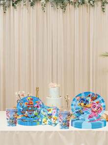 Paw Patrol Cartoon Blue Theme Party Tableware Set (Paper Cups/Plates/Cake Dishes/Dessert Plates) - Party Supplies Disposable Party Decorations For Christmas/Birthday Celebration - Solid Blue Tableware - View 3