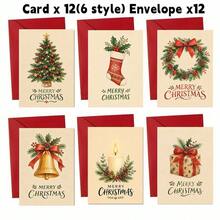 12 Greeting Cards + 12 Envelopes Elegant Christmas 2D Card, Festive Holiday Elements Merry Christmas For Friends, Winter Holiday Vintage Style Greeting Card Set For Home. - Sets - View 5