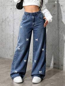 Tween Girl Elastic Waist Bow Pattern Casual Daily Denim Jeans - Blue - View 1