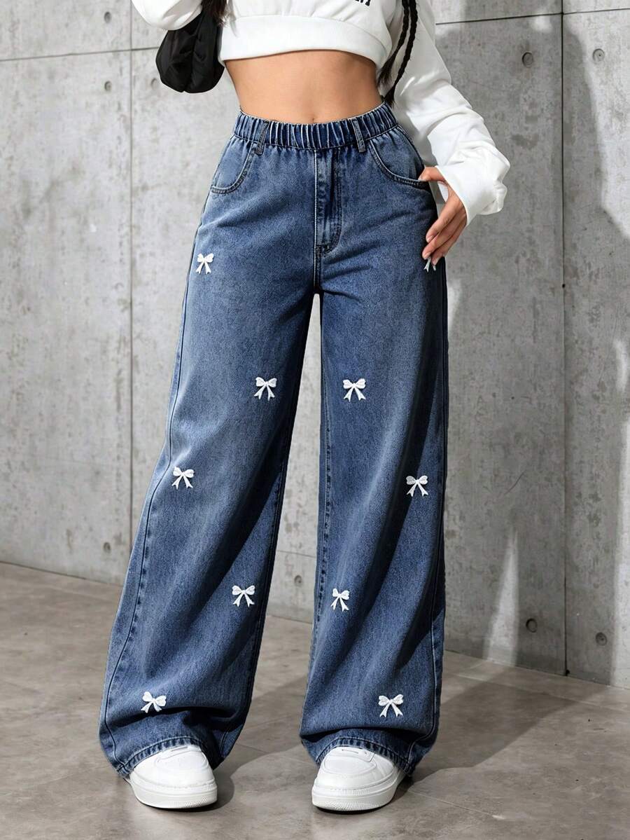 Tween Girl Elastic Waist Bow Pattern Casual Daily Denim Jeans - Blue - View 1