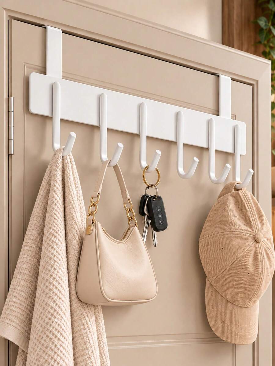 Over-The-Door Hook Rack, Multi-Function Storage Hooks, 6 Door Hooks For Hanging Clothes, Towels, Suitable For Bathroom, Kitchen Cabinet Doors, Max Thickness 2.2cm, Space Saving, Sturdy Hanger, Heavy Duty, Easy Mount, Christmas Gift - Multicolor - View 1