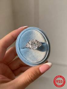 Light Luxury Banquet Style S925 Silver Zirconia Ring, Cushion-Cut Large Main Stone With Triangle Side Stones, Niche Gift Ring - Silver - View 3