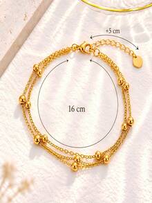 Double Layer Gold Beaded Bracelet, Dainty Stainless Steel Ball Chain Bracelet, Minimalist Stackable Wrist Jewelry For Women Daily Wear - Multicolor - View 2