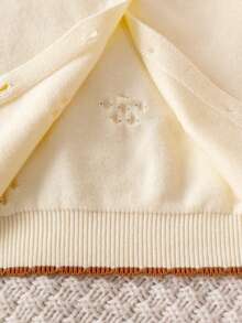 2pcs/Set 1pc Baby Girl Elegant Solid Color Ruffle Collar Long Sleeve Knitted Cardigan And 1pc Baby Girl Solid Color Lace Knitted Pants, Suitable For Daily Casual, Vacation, Spring, Autumn, Winter - Apricot - View 6