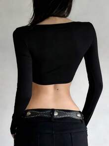Jotten Fashion Women's V-Neck Top, Front Tie Bow Slim Fit Cropped Long Sleeve Base Layer Top, 1pc - Black - View 4