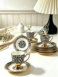 6 Sets/1 Set 90ml Leopard Print Gold-Plated Ceramic Coffee Cup And Saucer, Microwave And Dishwasher , Espresso, Arabic Coffee Cup, Saudi Coffee Cup, Suitable For Afternoon Tea, Cafe, Kitchen, Perfect Gift - Multicolor - View 4