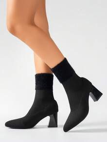 Women's Pointed Toe High Heel Elastic Ankle Boots, Knitted Patchwork Fur Design High Heel Mid-Calf Boots, Fashionable Minimalist Versatile Chunky Heel Slim Boots - Black - View 6
