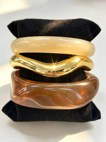 3/1 Peça Pulseira Feminina Vintage Elegante Requintada Minimalista Multicolorida Larga de Acrílico e Pulseira Aberta de CCB Dourada, Adequada para Férias, Encontros, Uso Diário, Festa, Empilhável, Escolha Perfeita de Presente