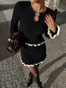 Women's Ribbed Ruffle Trim Peplum Sweater & Bodycon Mini Skirt Co-Ords, Fall Sophistication Set - Black - View 2