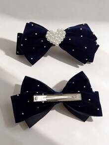 2pcs Valentine's Day Velvet Hair Clips, Red Rhinestone Heart Bow Hair Clips, Girly Style Hair Accessories, Suitable For Valentine's Day Party, Exquisite Gift For All Seasons - Royal Blue - View 7
