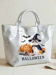 1pc, Halloween Magic Kitten Polka Dot Print Glossy PVC Tote Bag, Large Capacity, Top Handle, For Beach,Office Shopping Daily Use - Multicolor - View 8