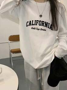 Women's Fashion Autumn/Winter Loose Minimalist Versatile Letter Print Long Sleeve T-Shirt Casual - White - View 3