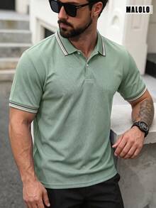 Men's Sage Green Colorblock Striped Collar & Cuff Short Sleeve Polo Shirt, Regular Fit, Classic Casual Daily Golf Work Top Sports Summer - Mint Green - View 1