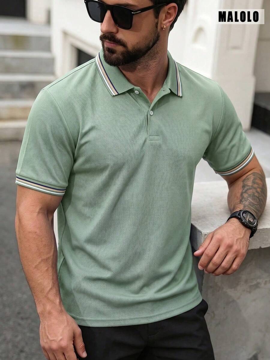 Men's Sage Green Colorblock Striped Collar & Cuff Short Sleeve Polo Shirt, Regular Fit, Classic Casual Daily Golf Work Top Sports Summer - Mint Green - View 1