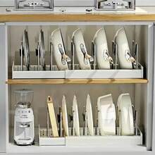 7-Slot Adjustable Pot And Pan Organizer | Cabinet And Countertop Storage Rack | Pot Lid, Plate, And Baking Sheet Storage - Black - View 2