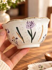 Vintage Lavender Carved Floral Hand-Painted Underglaze Ceramic Bowl, Petal Rim Yogurt Oatmeal Rice Cereal Dessert Fruit Snack Bowl, Elegant Breakfast & Home Dining Tableware For Daily Use, Gift Idea - Multicolor - View 9